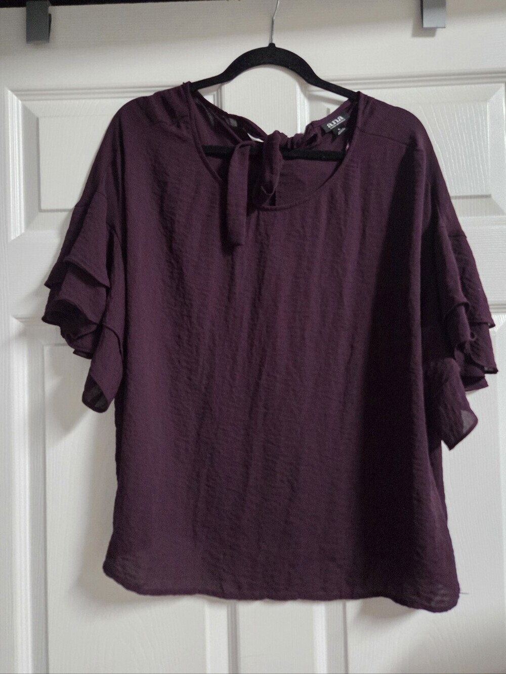 a.n.a Plum Tie-Neck Ruffle Sleeve Blouse Size L